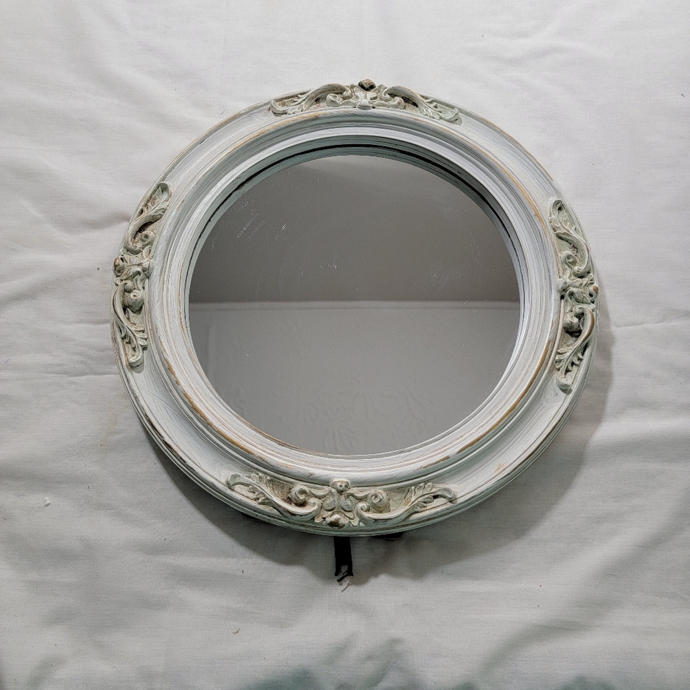 Victorian Round White Gold Leaf  12 " Vintage Style Resin Mirror Stand Or Hang